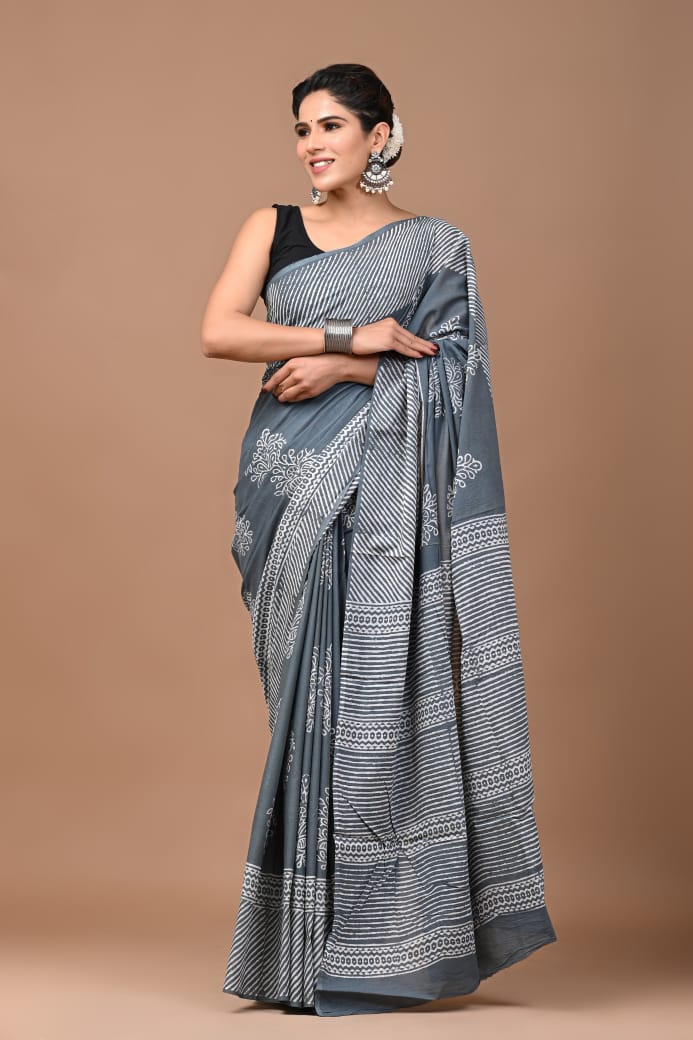 Grey - Pure Mul Cotton Hand Block Jaipur Print Saree  24