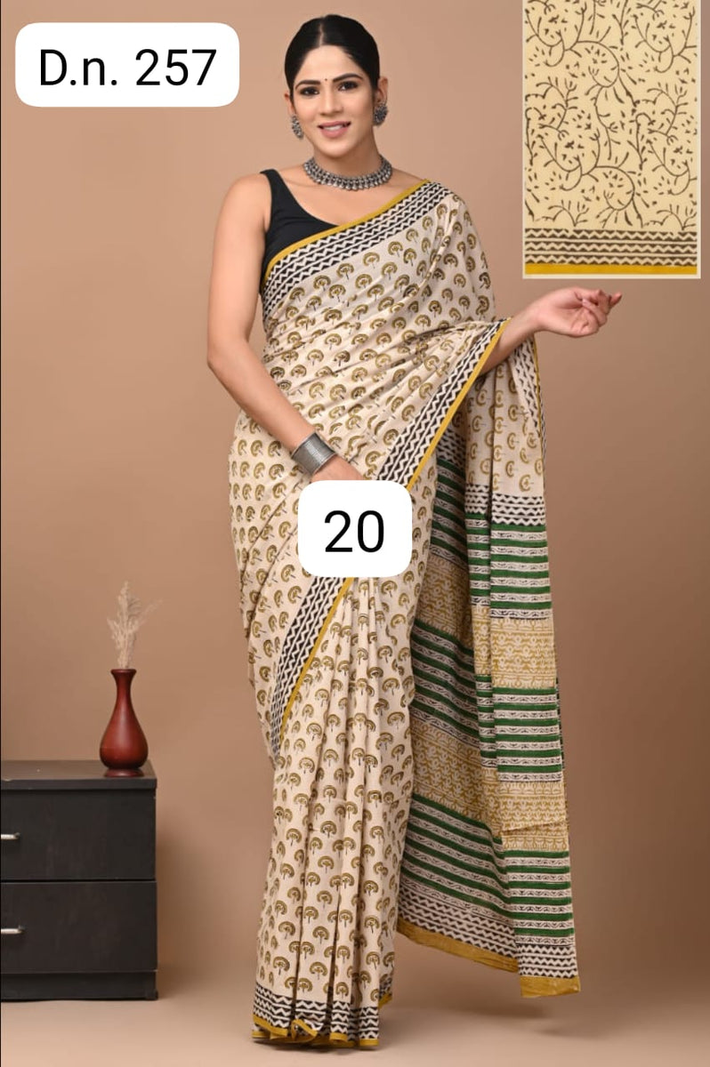 Yellow - Pure Mul Cotton Hand Block Jaipur Print Saree 16