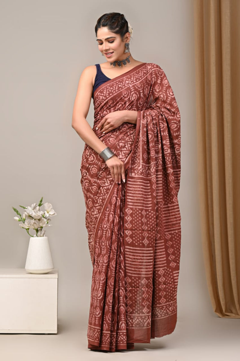 Pink - Hand Block Print Pure Mul Cotton Jaipur Saree 06